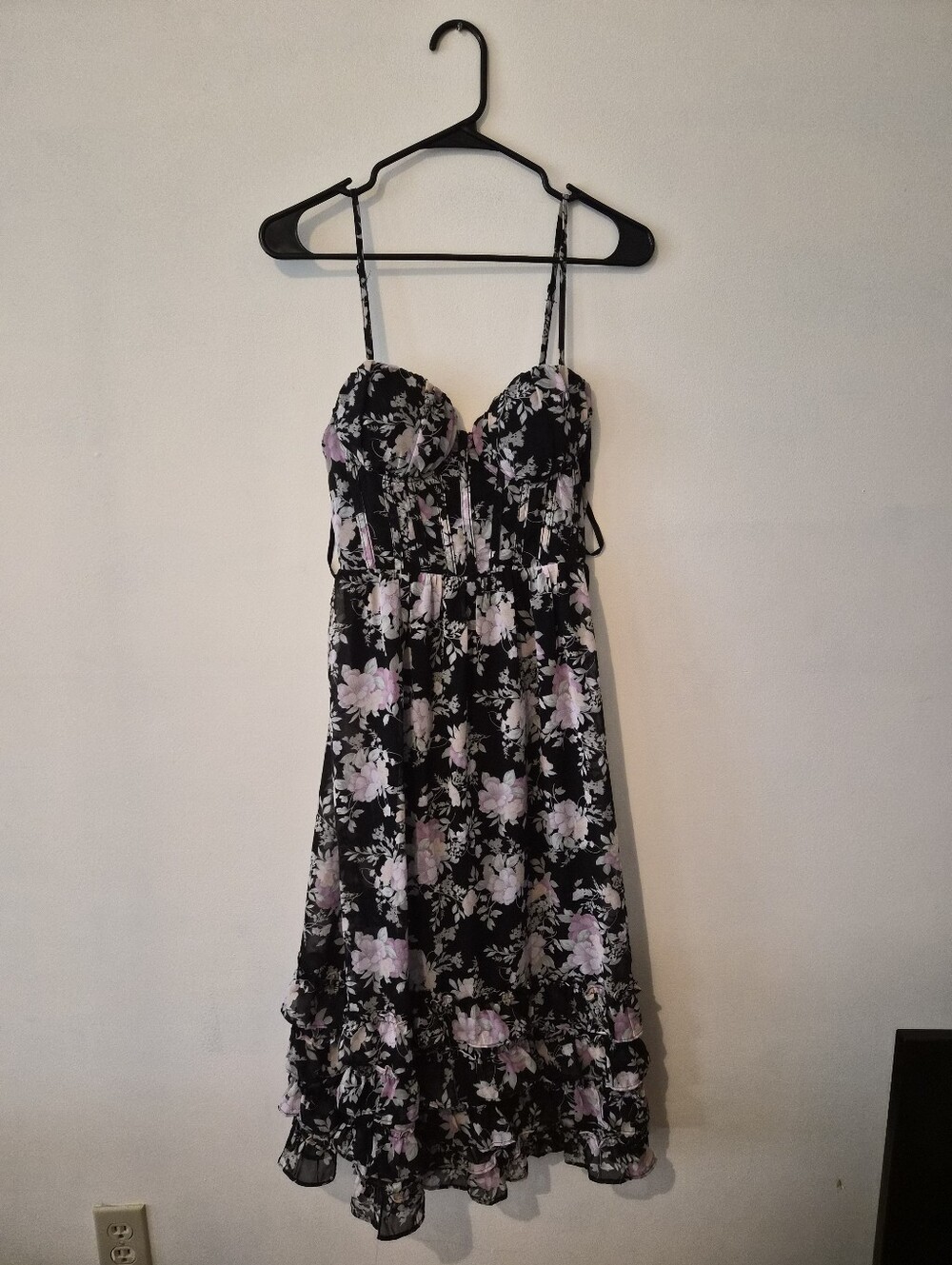 Black Floral Spaghetti Strap Sundress with Lilac Flowers